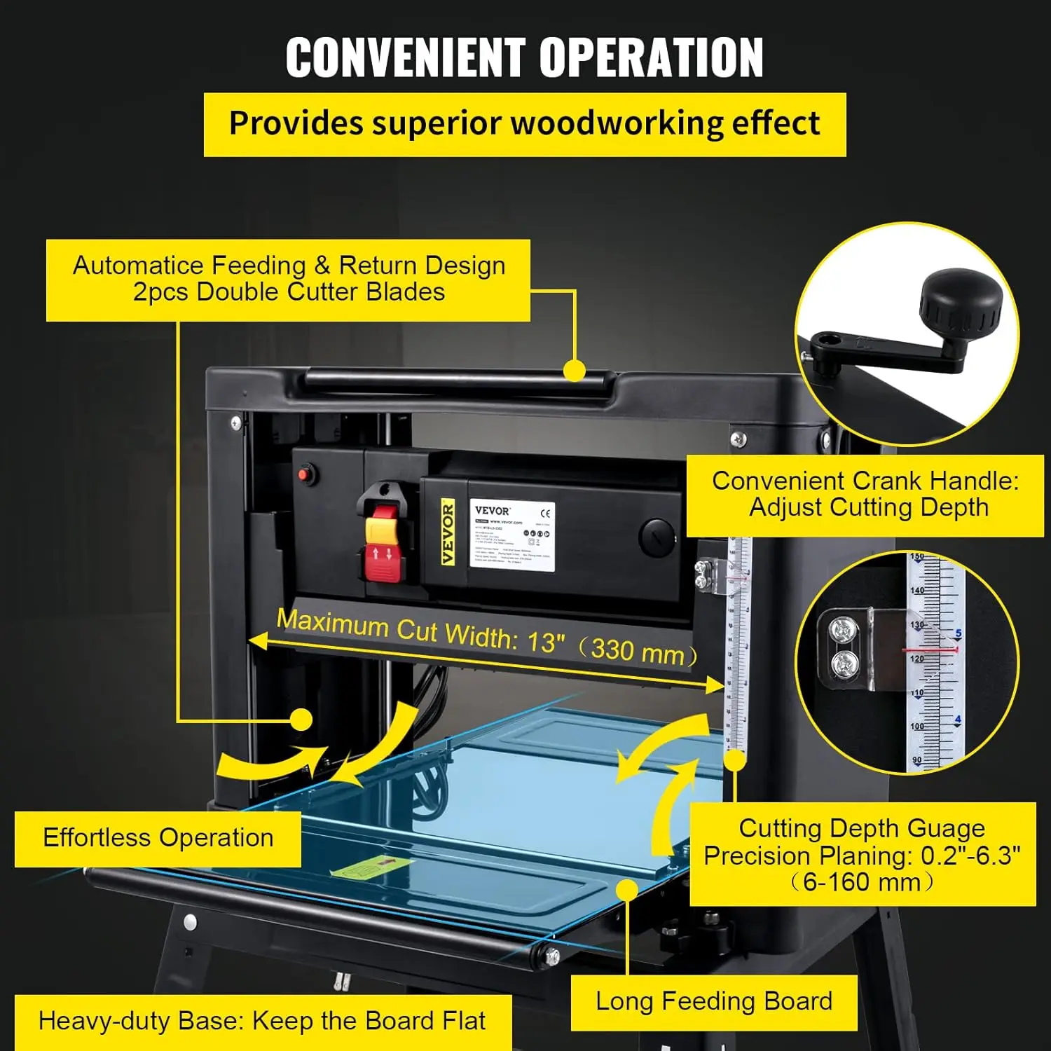 Thickness Planer - 13-Inch Benchtop Wood Planer, 2000W, 8000 rpm, 15 AMP, Foldable, 6m/min Planing Speed, Iron Stand