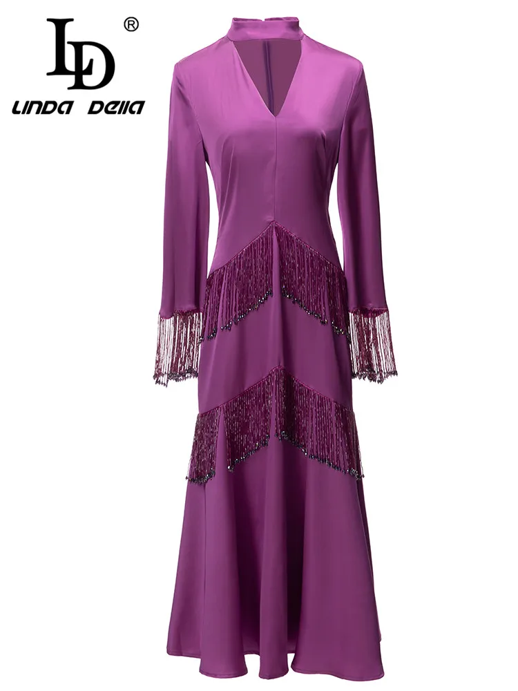 

LD LINDA DELLA Italian Autumn winter Luxury Dress Women's Solid Color Tassel Long Sleeve Splice Nail Bead Slim Fit Travel Dress