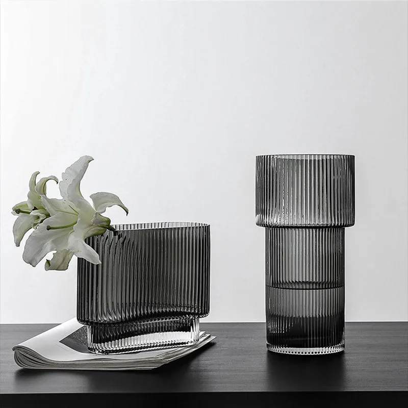 

Free shipping Striped light luxury vase creative modern bedroom living room flower arrangement ornaments Nordic glass