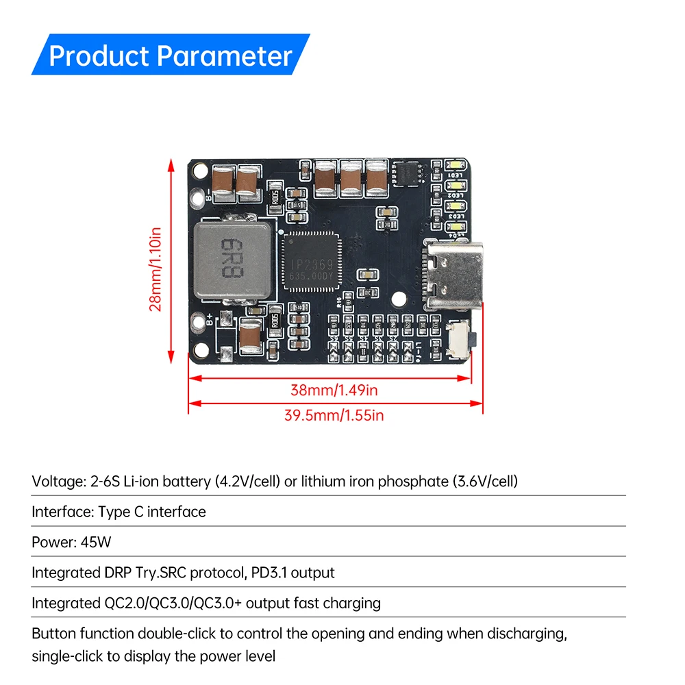 Face avant de la batterie drone avec indicateur LED allumé en bleu, prête à l'emploi. Achetez Batterie Drone avec Indicateur LED et Protection Multiple - Type C.