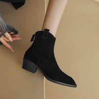 2025 Winter Classic Chelsea Boots for Woman Cow Suede Pointy Toe Wedge Heel Ankle Boots Simple Comfortable Cowboy Boots Female - Image 4