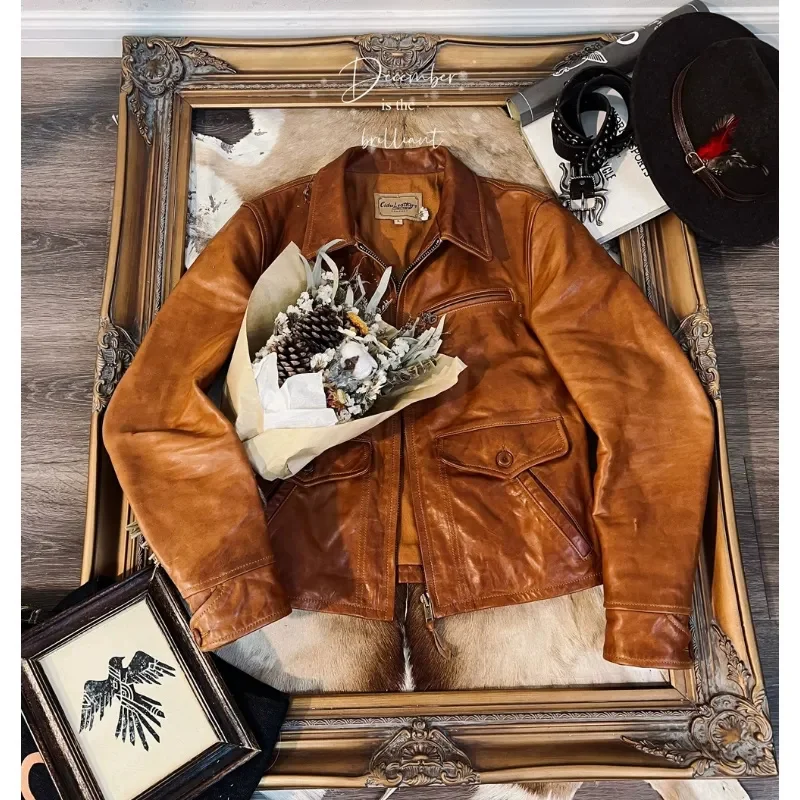 

Мужская приталенная винтажная куртка CDC945 Cidu из натуральной итальянской тосканной коровьей кожи с хлопковой подкладкой