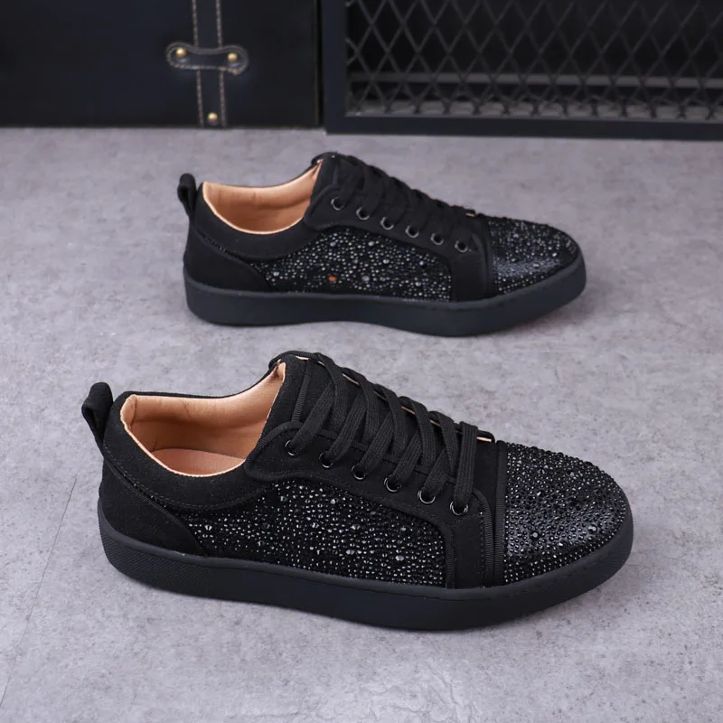 New Designer Fashion Men's Charm Rhinestone Black White Lace Up Shoes Male Causal Flats Moccasins Walking Sneakers 6
