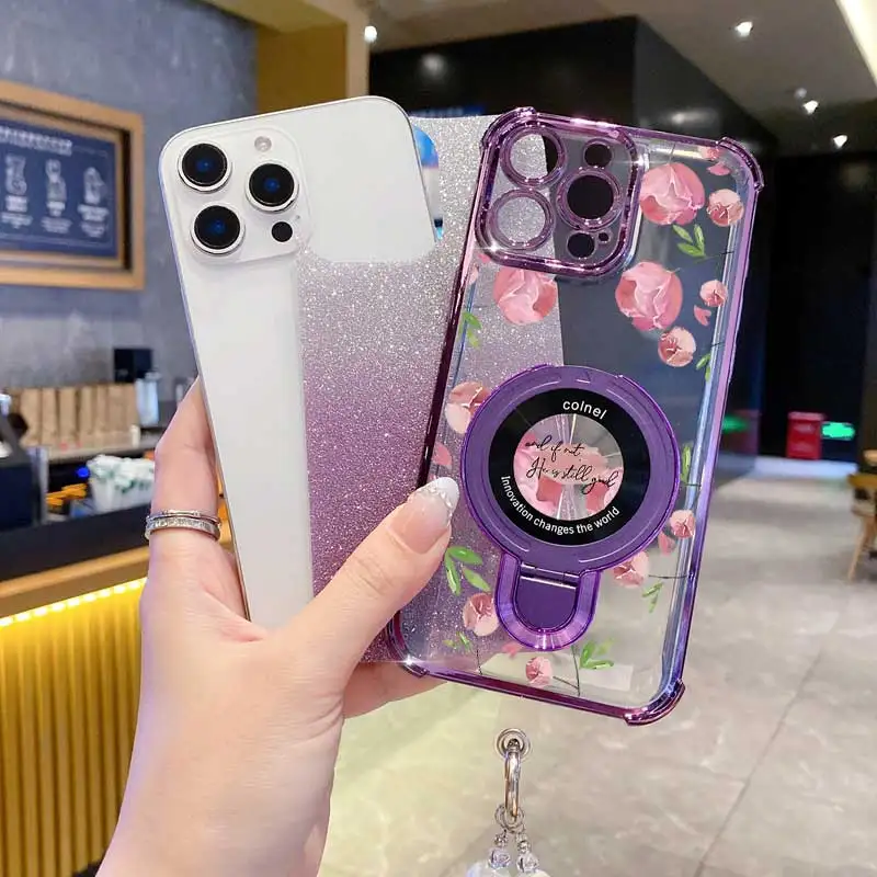 Pearl Strap Glitter Pink Flowers Phone Holder Case