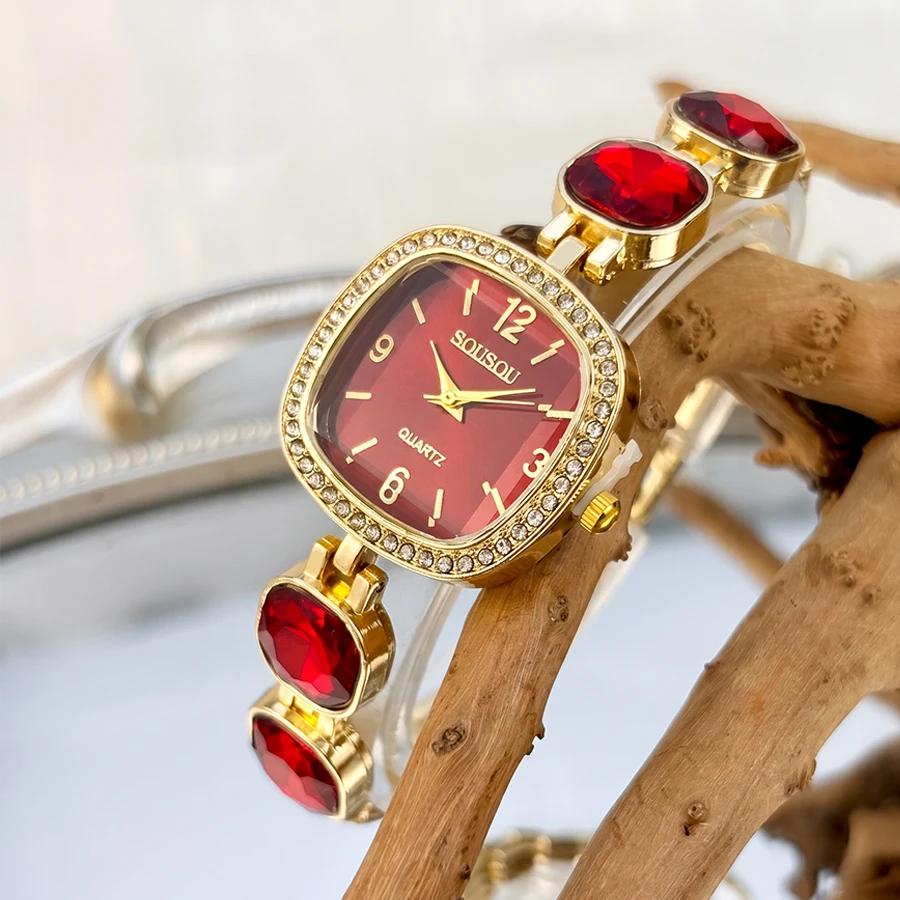 Women's Fashion Watch: Vintage Elegance with Square Diamond-Set Face and Colorful Crystal Band