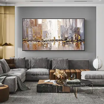 Arthyx, peinture à l'huile sur toile de paysage de ville abstraite de bâtiment doré fait à la main, grande image d'art mural pour la décoration de la maison du salon 1