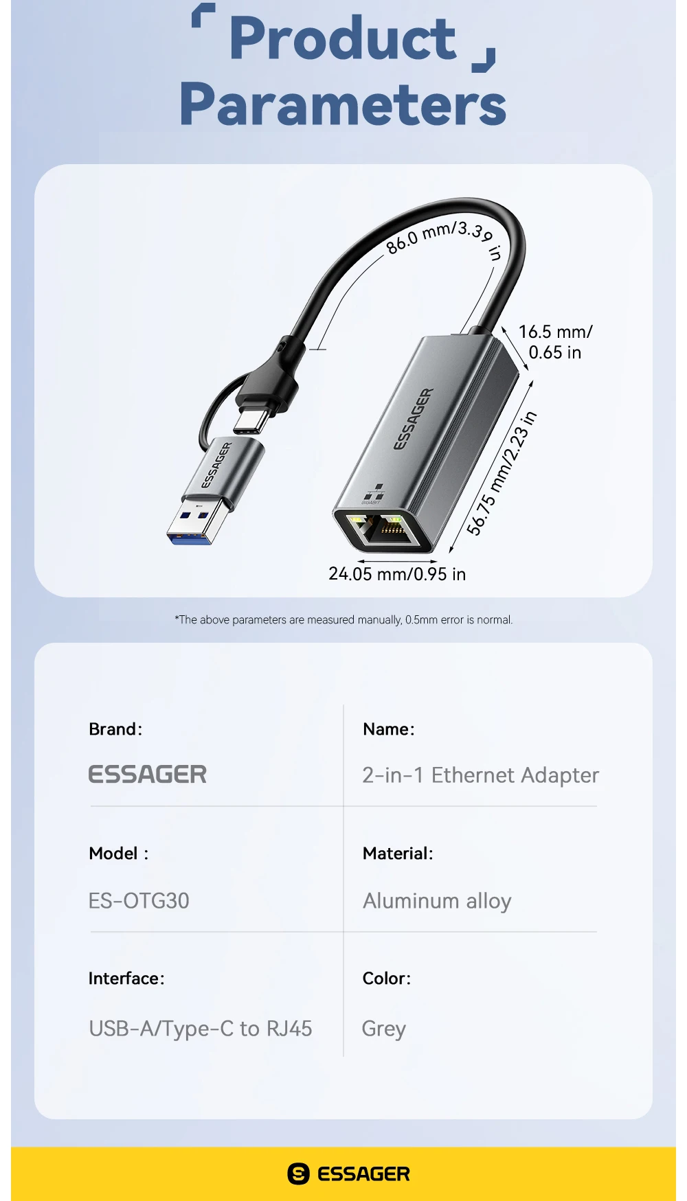 2-in-1 Ethernet Adapter USB-A/Type-C to RJ45 Network Card 1000Mbps Ethernet Giga