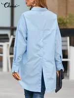 Celmia 2022 letnia modna koszula białe tuniki topy kobiety z długim rękawem bluzka Casual jednokolorowe guziki asymetryczne luźne Party Blusas 5