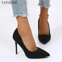 Fashion Point Toe Solid Flock Stiletto High Heels 10Cm/7Cm Sexy Women Pumps Elegant Ladies Office Work Shoes Small Size 33 1