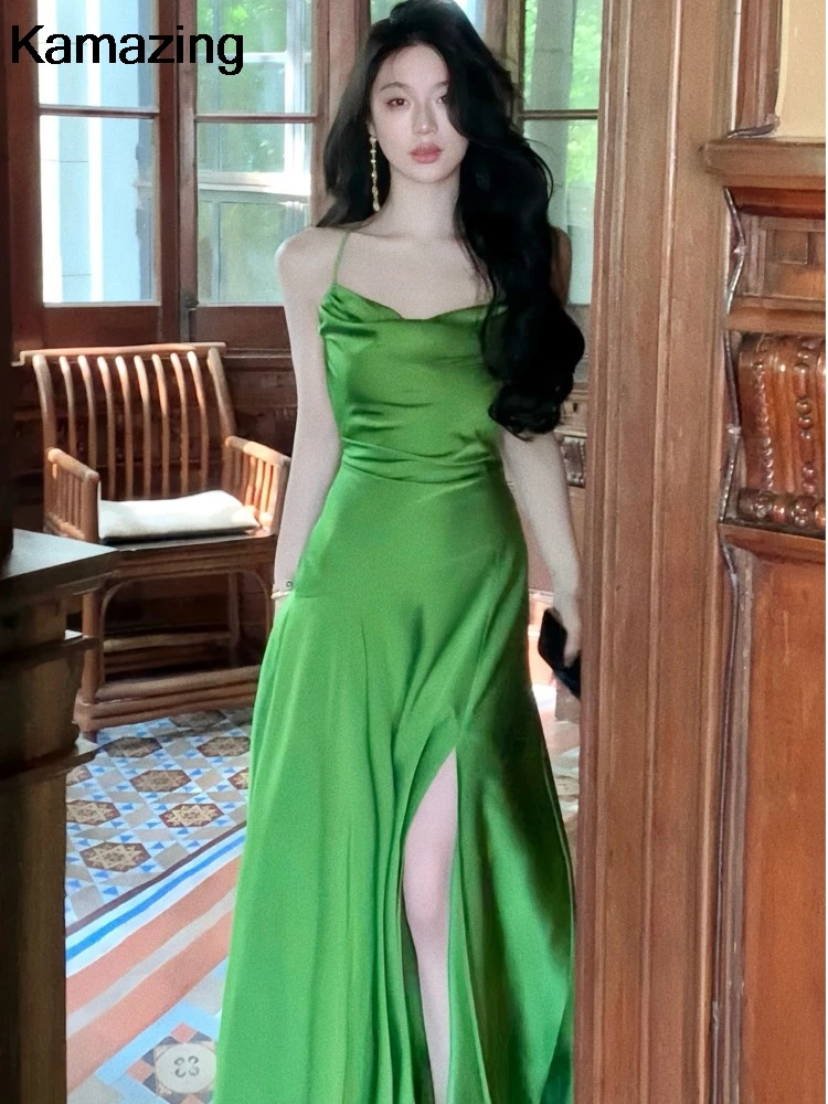 Summer Green Evening Midi Dress Chic Elegant Slim Waist
