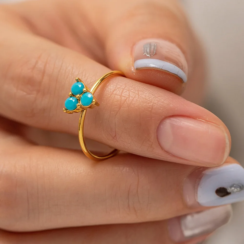 

France Elegant Sweet Three Pieces Blue Natural Turquoise Non-fading Stainless Small Gold Ring For Women Treasure Jewellery