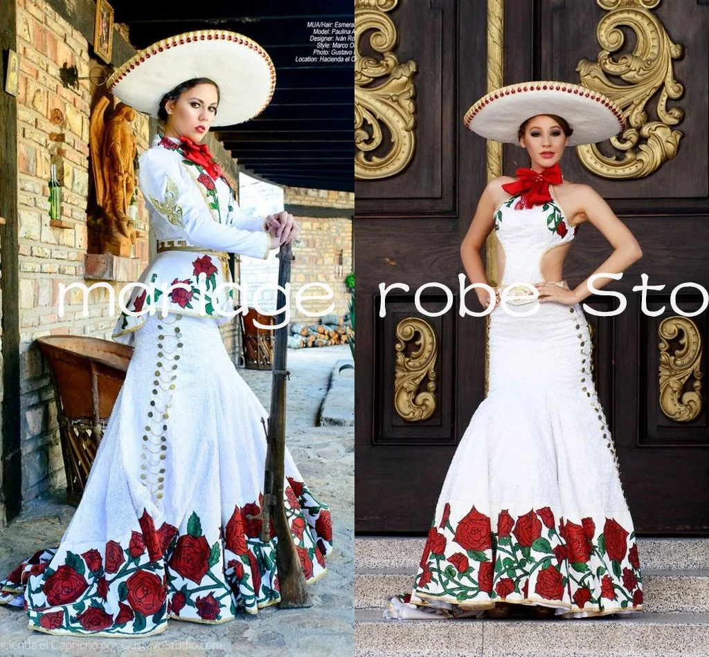 Abiti da sera Vintage a sirena con maniche lunghe Jakcet Traje Mexicano mariachi abito da ballo con ricamo in pizzo