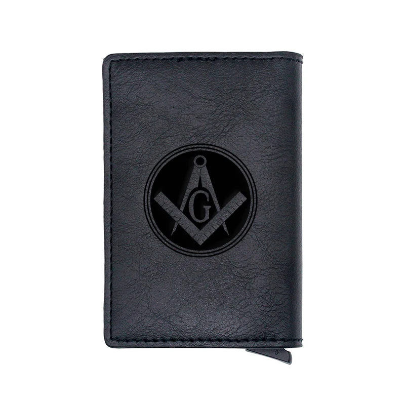 Classic Laser Engraving Master Mason Design Credit Card Holder Men Women Metal RFID Aluminium Box PU Leather Wallet BA421