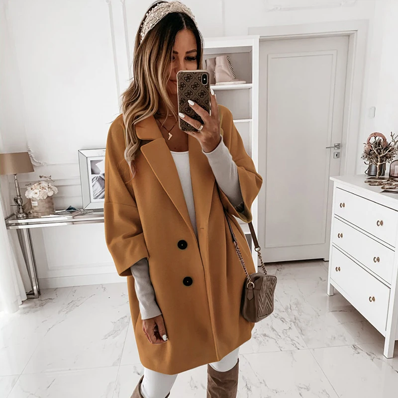 Autumn Loose Woolen Blends Coats Winter Casual Three Quarter Sleeve Coat Women Single-Breasted Outwear Loose Long Overcoats 2024