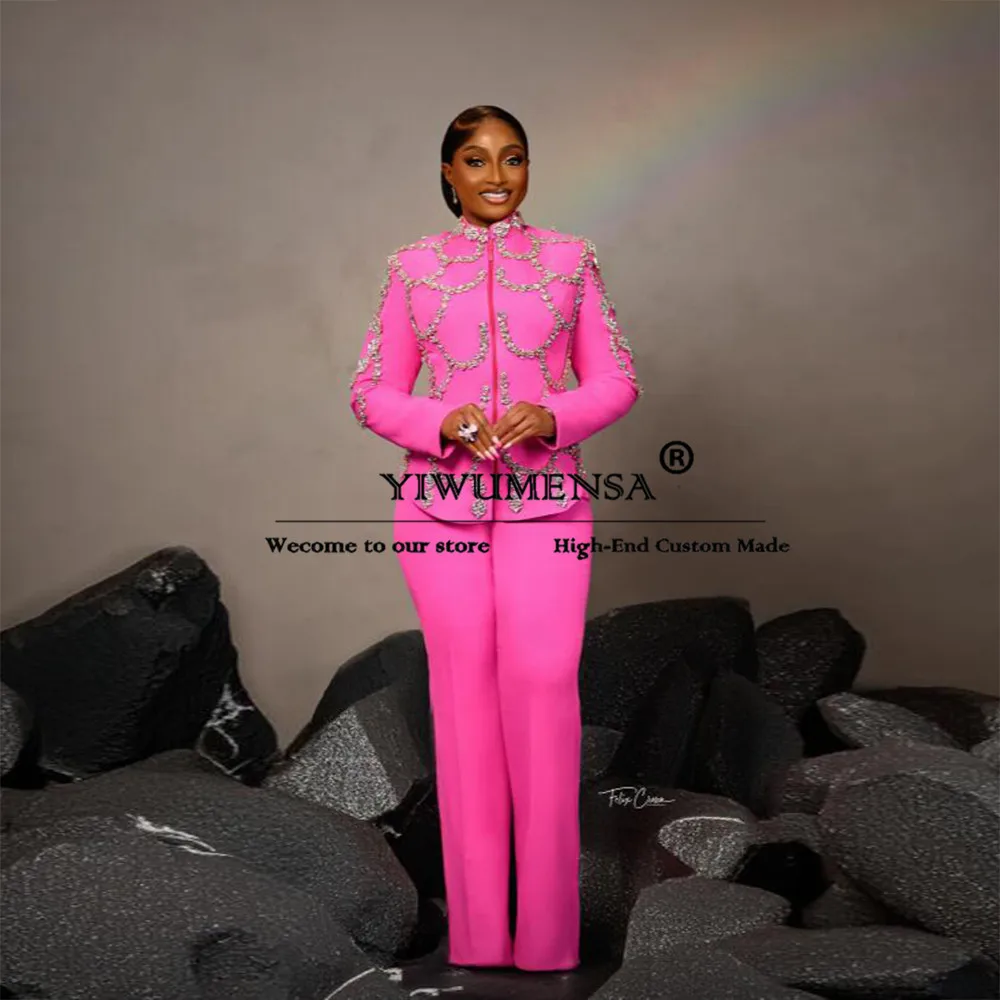 Unique Design Pink Women Suits Crystals Beaded Blazer Pants 2 Pieces Female Formal Party Mother Of Bride Dresses Laides Clothing