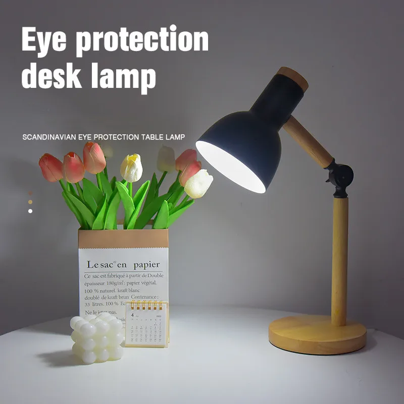Eyes Protection Table Lamp E27 Nordic Wood Desk Lamps Height Adjustable Modern Bedside Lamp for Read Study Night Light with Plug 2