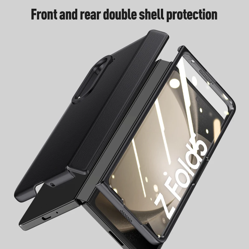For Samsung Galaxy Z Fold 5 Case Skin Friendly Matte Leather Folding Hinge With Tempered Film All inclusive Shockproof Hard Case