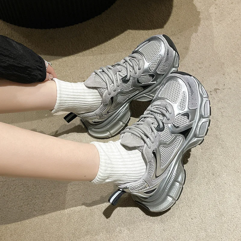 

Casual Pink Sneakers Women 2024 Mixed Color Thick Soled Shoes Leather Breath Mesh Platform Tennis Athletic Shoes Spring Summer