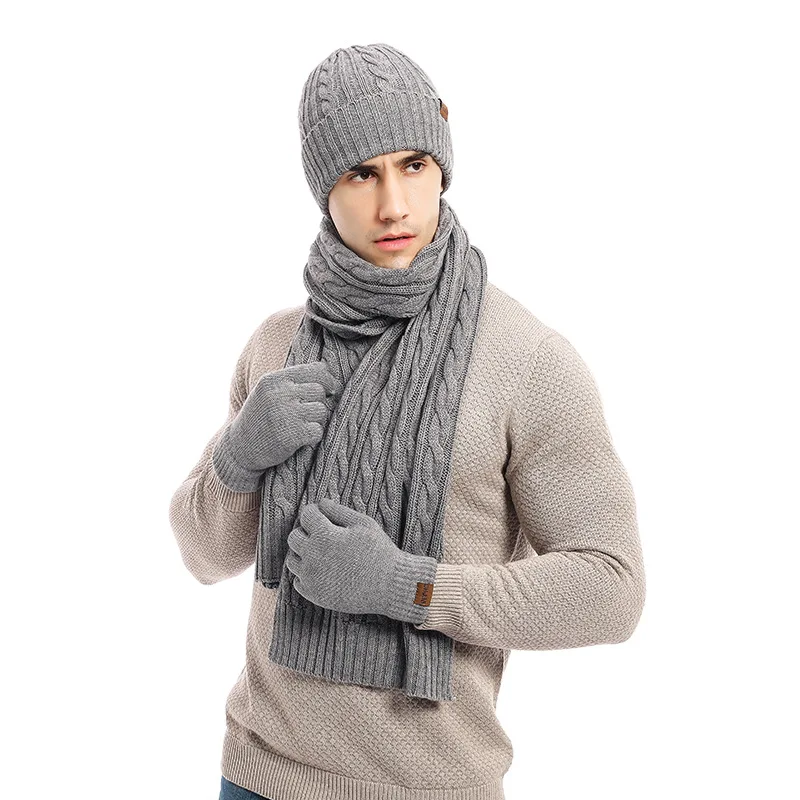 Men's Autumn Winter Keep Warm Set Solid Color Unisex Beanie Gloves Scarf Male Wool Knitted Muffler Spring Fall Fleece Lining Hat