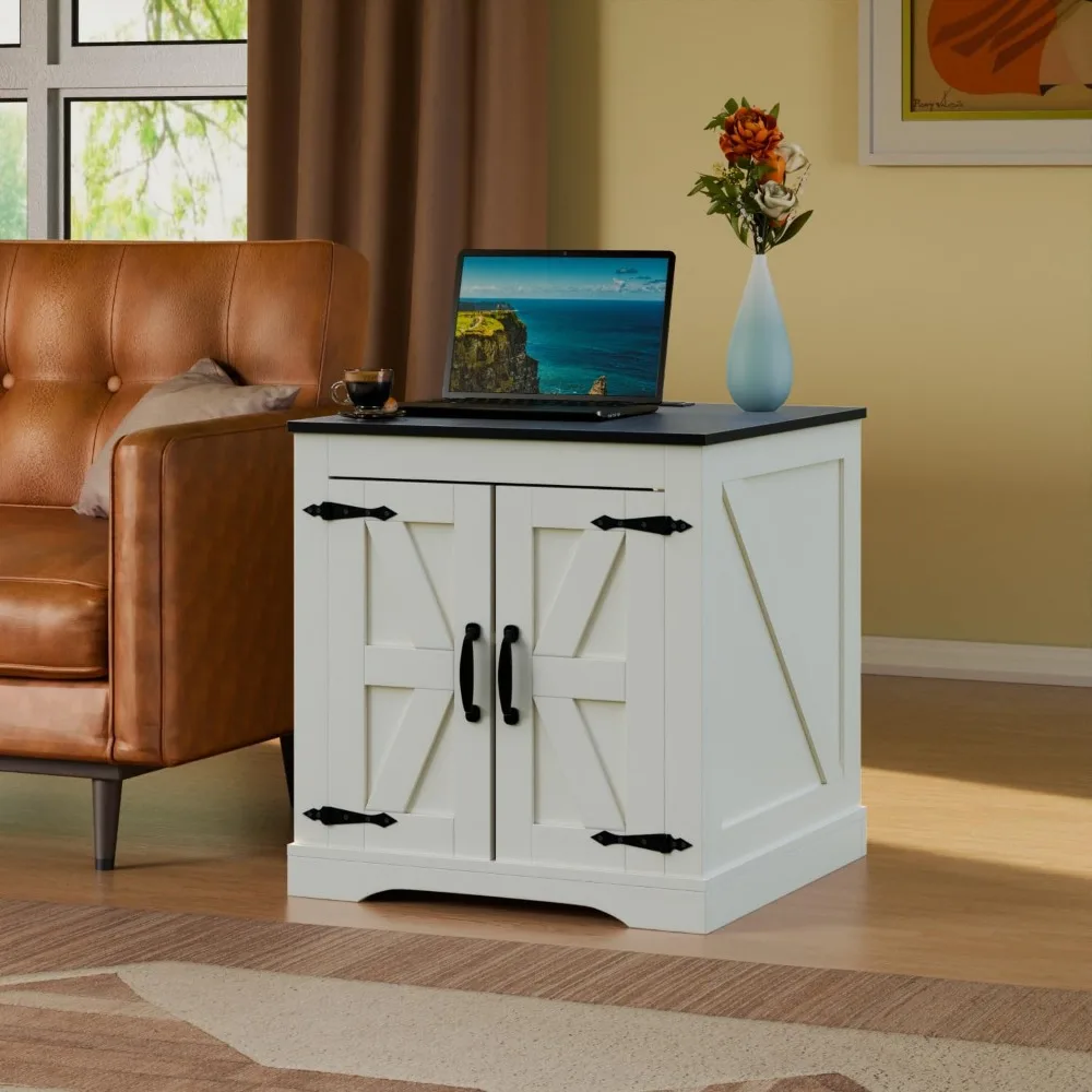 Farmhouse End Table, Sofa Side Table with Charging Station, 24" Large Wood Square Nightstand with Doors, Modern Storage Cabinet 4