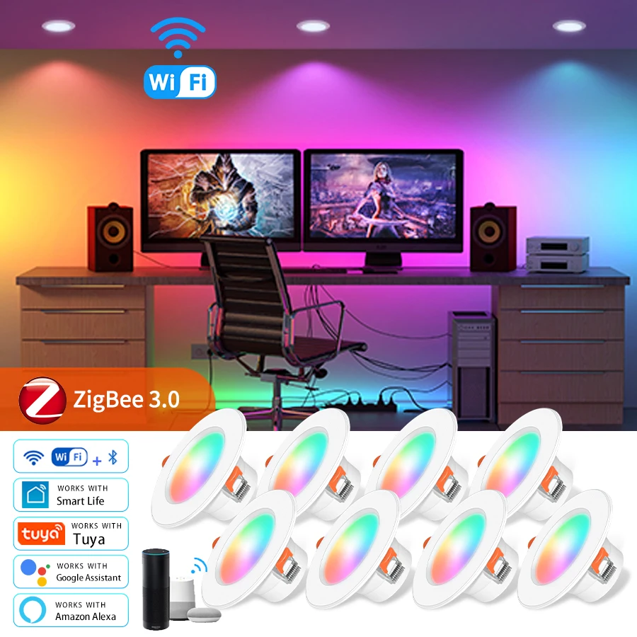 투야 와이파이 스마트 천장 조명, 지그비 매립형 스포트라이트, LED 다운라이트, RGB 알렉사 램프, 블루투스 제어 알렉사 구글 홈, 8 개