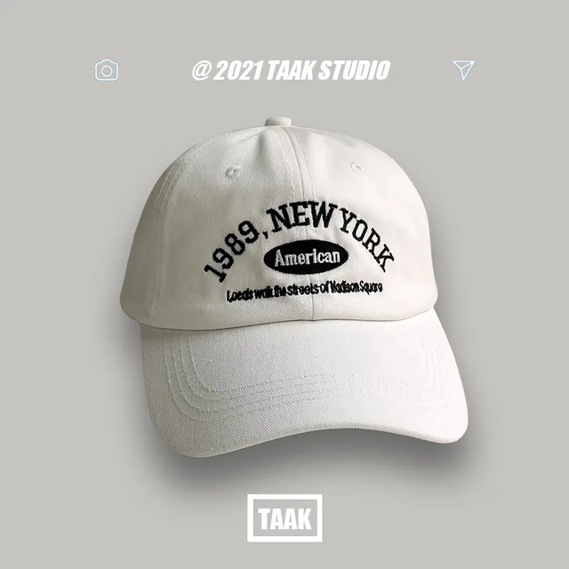1989 American Retro Men's And Women's Baseball Caps Street Lettered Embroidery Retro Flat Caps Solid Black And White Hip Hop Cap white