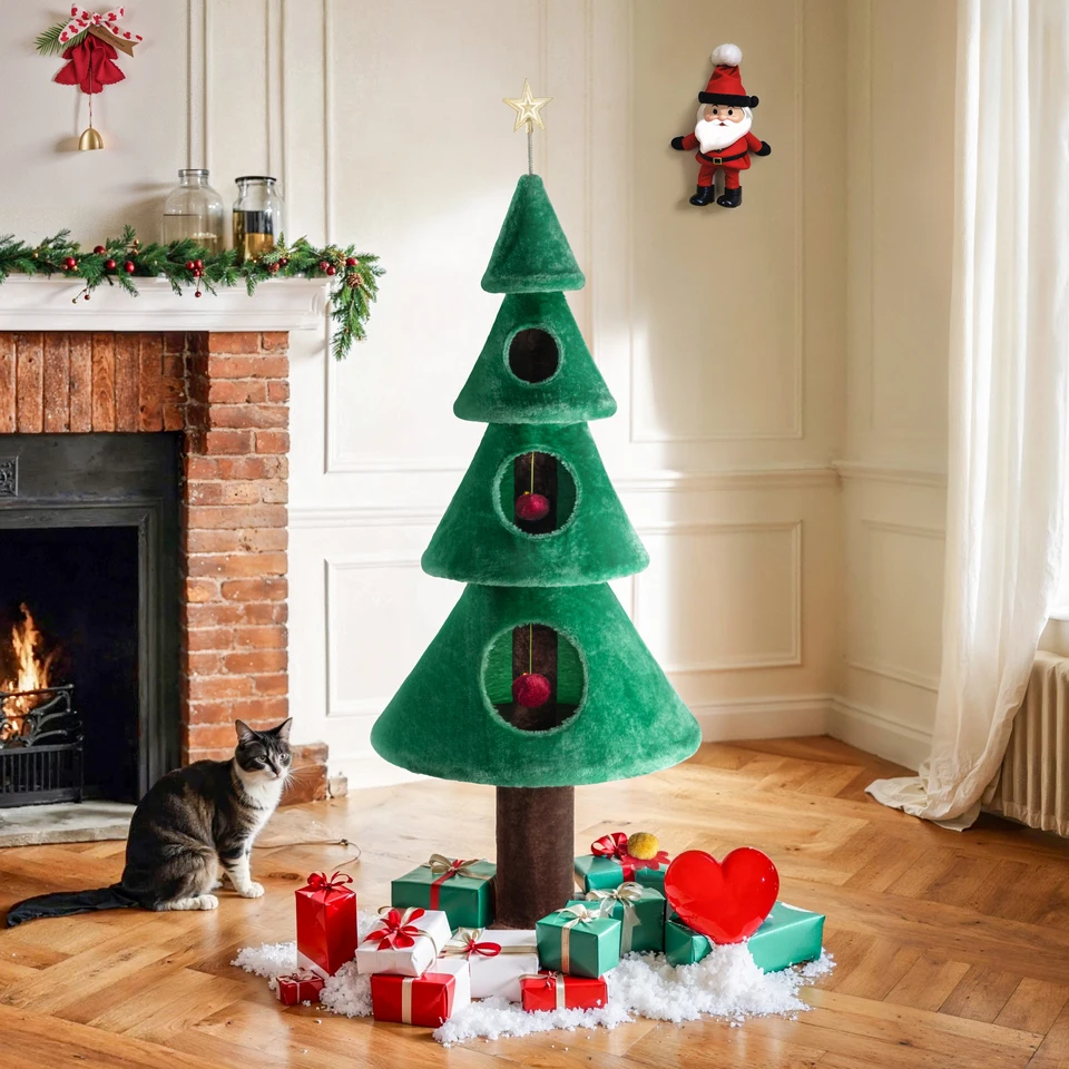 Cozy Cat Christmas Tree with Plush Toys