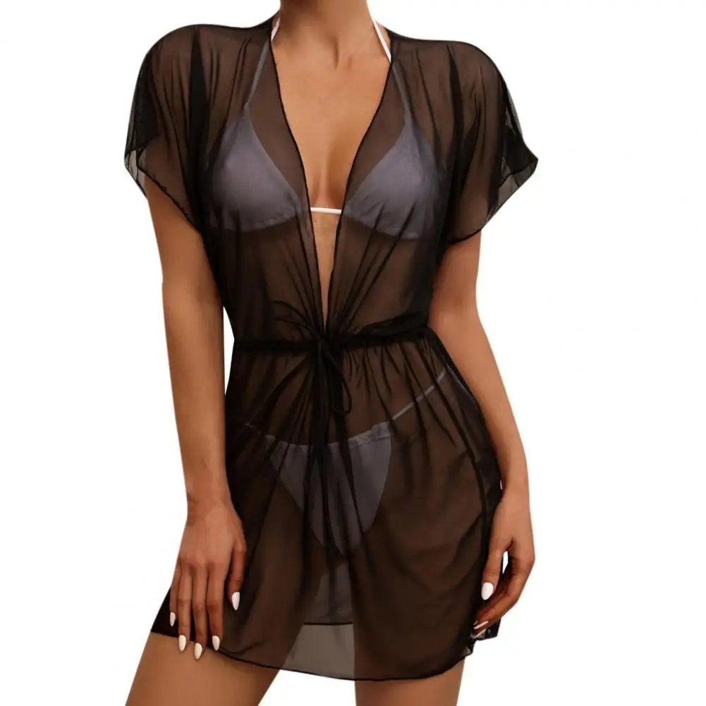 

Quick-drying Bikini Cover Up Stylish Mesh Beach Cover Up Dresses for Women V-neck Swimsuit Cover-up with Drawstring for Summer