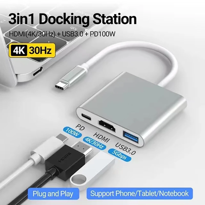 3-in-1 USB C Hub with 100W Power Delivery USB 3.0 4K HDMI for-MacBook Pro New Mac Air Deck Stable Driver Adapter