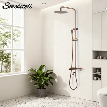 ระบบฝักบัวแบบเทอร์โมสแตติกสีโรสโกลด์ขัดเงา, ฝักบัวแบบเรนชาวเวอร์พร้อมหัวฉีดแบบมือถือ, ชุดก๊อกน้ำฝักบัวติดผนังแบบปุ่มควบคุมคู่ 1