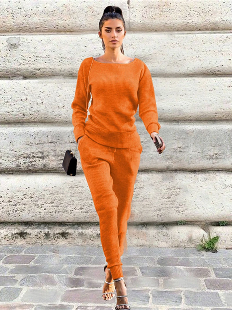 

Fashion Knitted Tracksuit Women Two 2 Piece Set Outfits Autumn Clothing Pullover Sweater Top and Pants Suits Casual Woman Sets