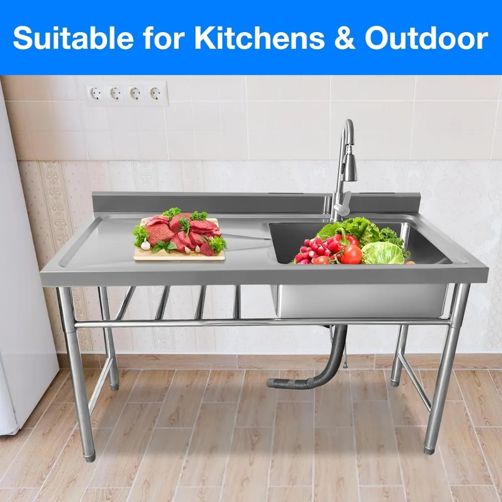 Commercial Restaurant Sink, Steel Utility Sink Free-standing Kitchen Sink, Freestanding Outdoor Sink with Pull-Out Faucet 5
