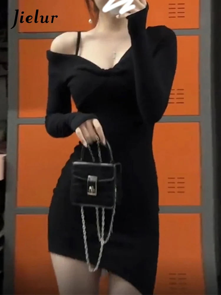 

Jielur Spring New Sweet Ladies Chicly Women Dress Sexy Party Tight Hip Woman Dress Black Fashion Street Simple Dresses Female