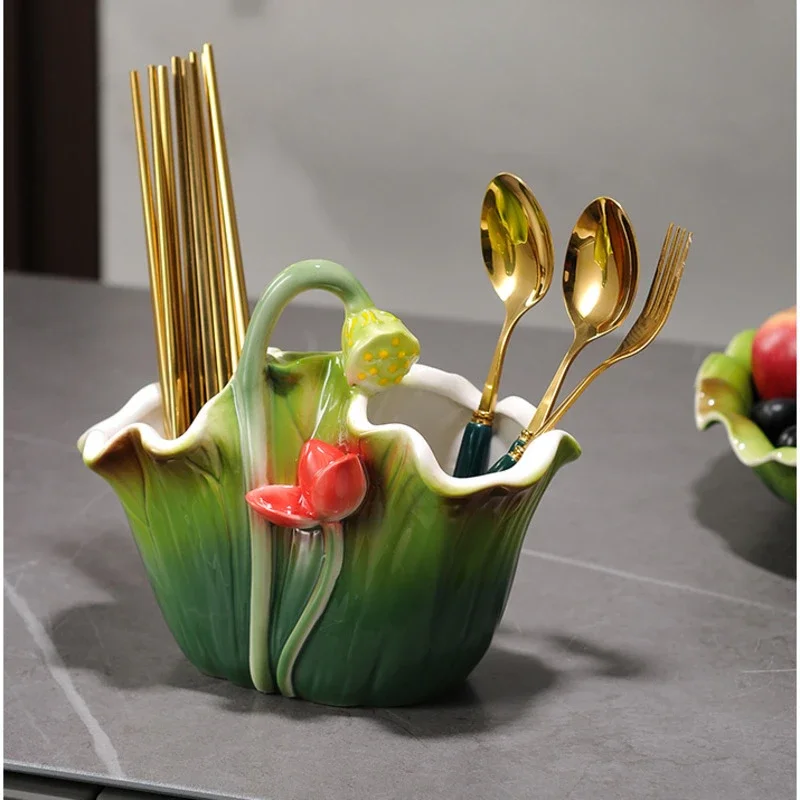 

New Chinese Style Chopstick Barrel Enamel Ceramic Cutlery Rack Creative Lotus Leaf Tissue Box Versatile Scene Table Ware
