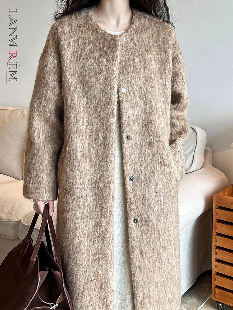 

[LANMREM] Fashion Woolen Warm Coats For Women Round Neck Single Breasted Minimalism Female Outwear 2023 Winter New 26D7131