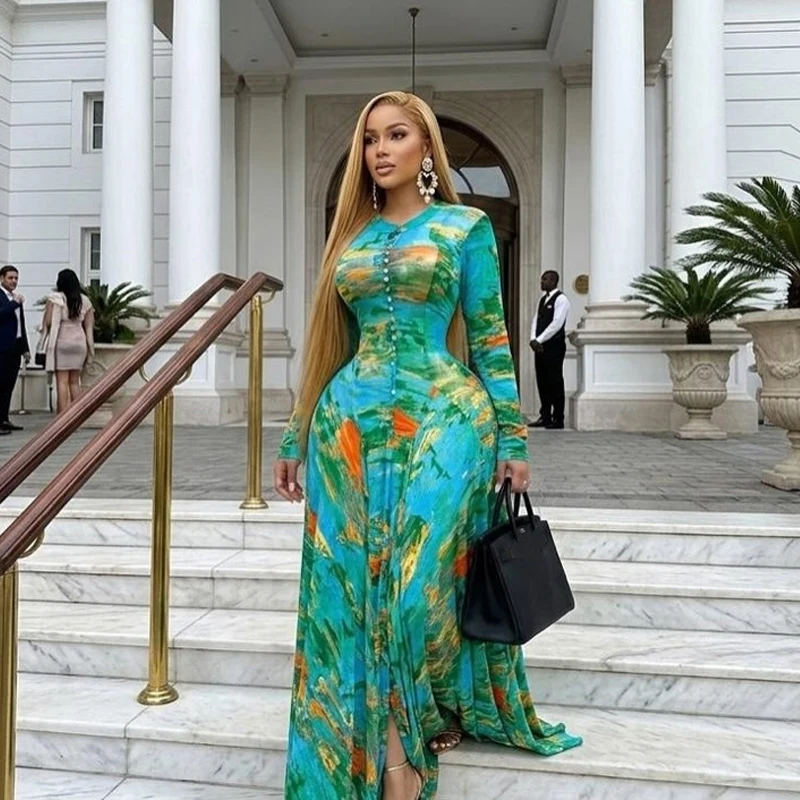 Wunderschöne Bedruckte Damenkleider mit Langen Ärmeln und Knopfleiste Vorne, Luxuriöses Maxikleid, Trendiges 2026 Party- und Abendkleid, Urlaubskleid, Langes Swing-Kleid