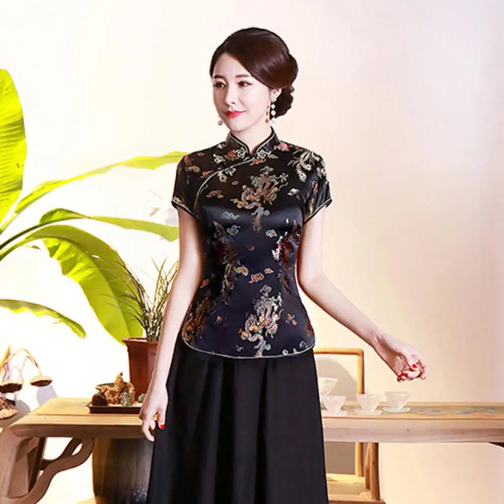 

Women Cheongsam Blouse Dragon Phoenix Printing Lady Cheongsam Shirt Chinese Style Side Split Stand Collar Top For Banquet