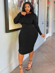 New Winter Women Crew Neck Long Sleeve Dress  Sexy Ruched Midi Dresses