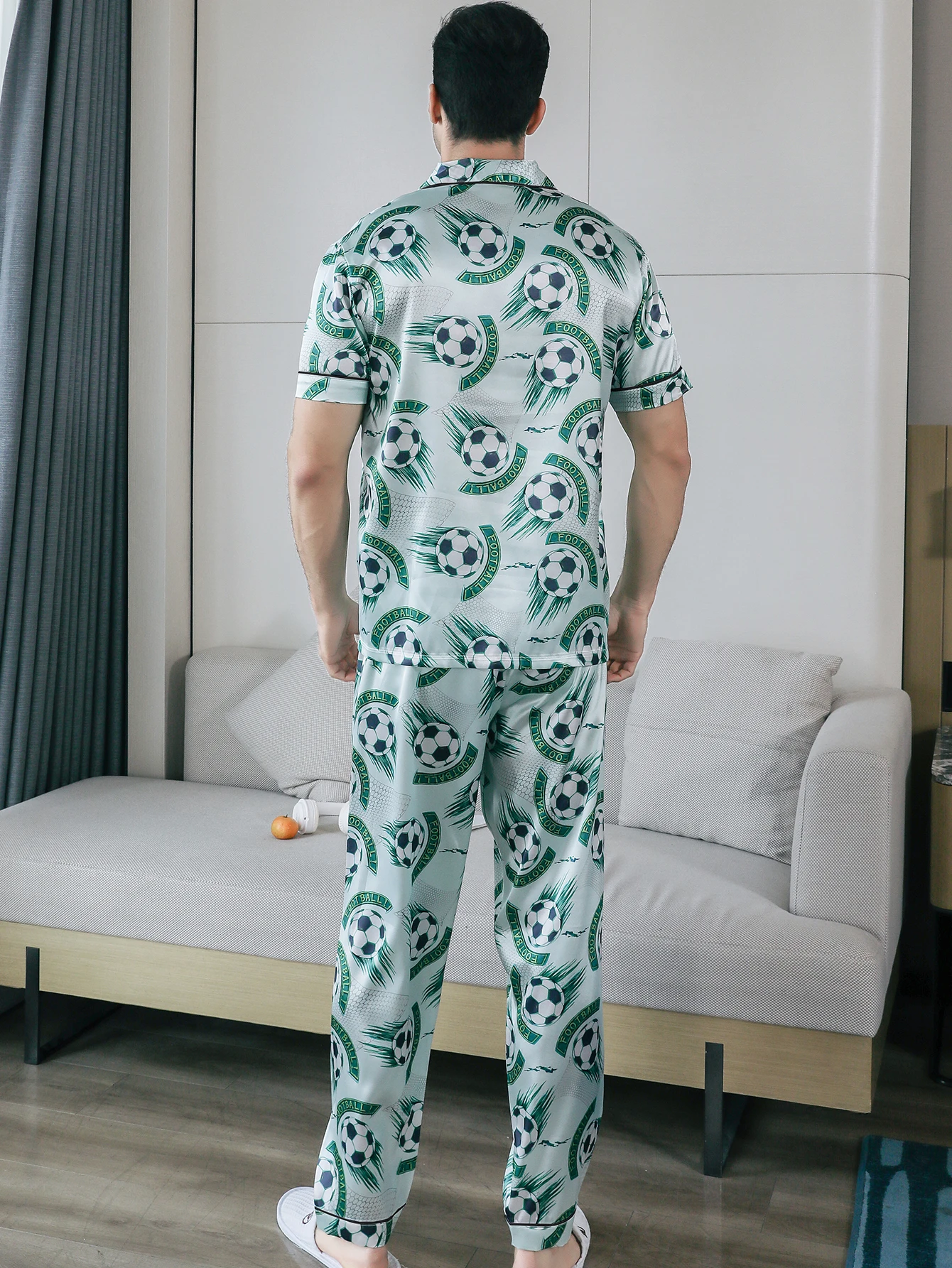 Two piece sets men's sleepwear summer short sleeved pants football pattern printed home clothes sleepwear set