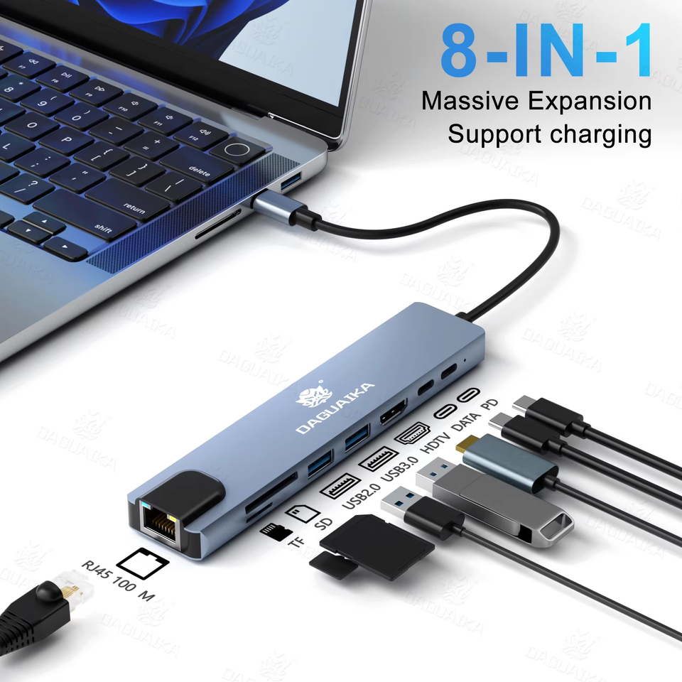8 in 1 USB C Hub Type C to 4K HDTV Adapter with RJ45 SD/TF Card Reader Fast Charger for MacBook Notebook Windows Laptop Computer