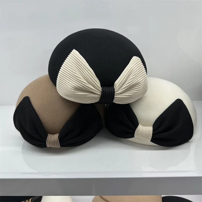 

202310-2508616 ins chic winter French elegant contrasting pleats bowknot wool felt lady beret hat women Leisure painter cap