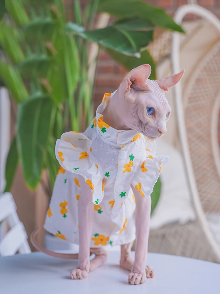

Платье принцессы с котом Sphynx, хлопковая юбка для кошек без волос, одежда, мягкое милое платье с цветами для котят Devon Rex, весеннее пальто