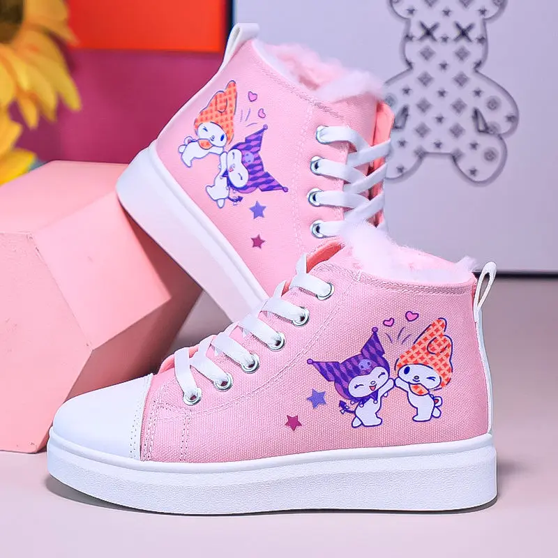 

Sanrio Kuromi Child Cotton Shoes High Top Canvas Shoes Winter Korean Version Cartoon Plus Velvet Sneakers Girl Velcro Sneakers