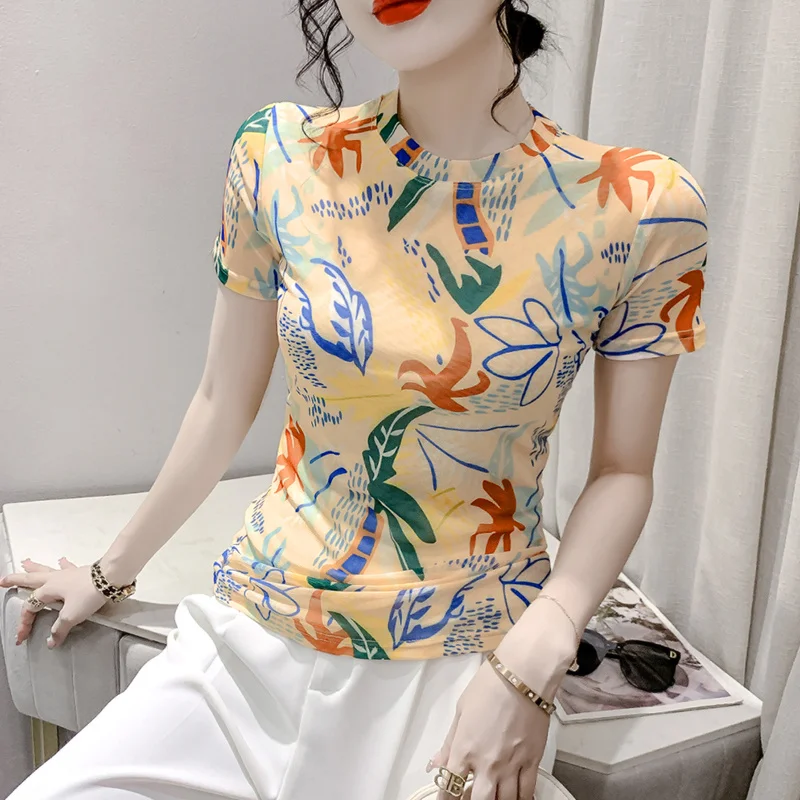 

#6688 Skinny Vintage Mesh T Shirt Women Sexy 3D Printed Short Sleeve T Shirt Femme Summer Streetwear Tshirt Slim Thin Elastic