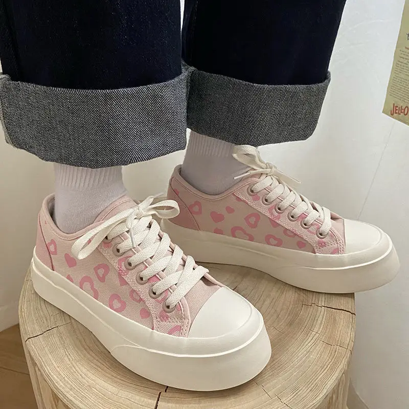 Zapatillas deporte con estampado de corazón rosa para Mujer, zapatos de lona informales para estudiantes, diario, zapatos vulcanizados para Mujer, Primavera, nuevo - AliExpress