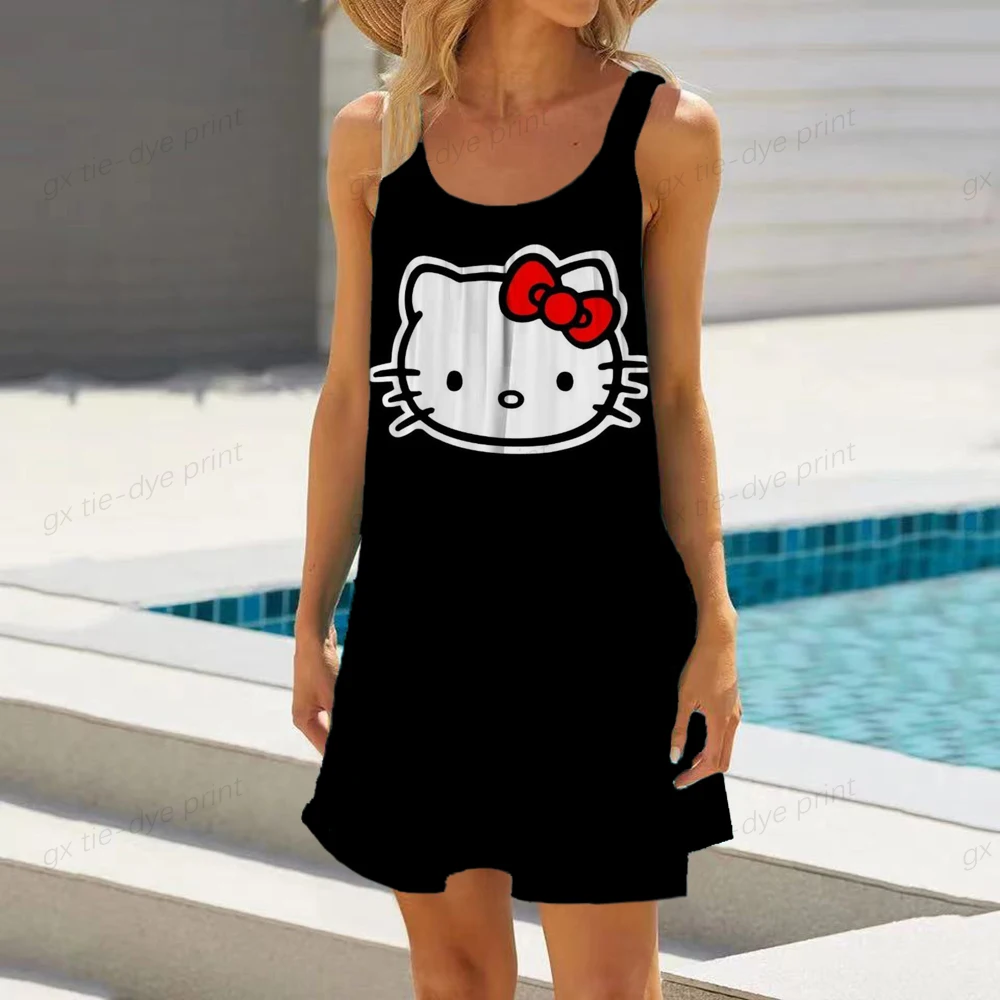 

2023 New Summer Hello Kitty Print Women Dresses Oversized Clothing Retro Short Sleeve O-Neck Dress Female Sundress Vestidos