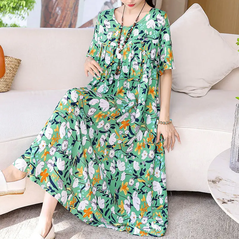 Nightgown Women Summer Big Size Sleepwear Vintage Dress Short Sleeve Long Robe Print Maxi Dresses Pajamas Loungewear New