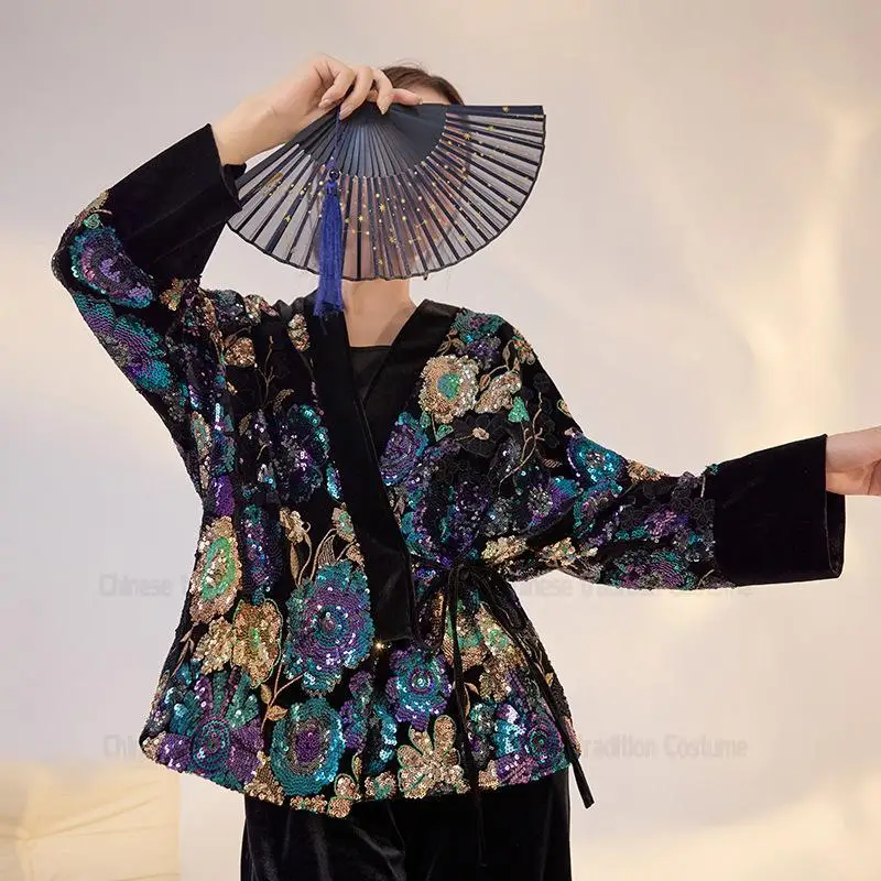 Chinese Style Sequin Embroider Tang Clothes Long Sleeve Cardigan Women's Festival Gift Vintage Coats Loose Costume