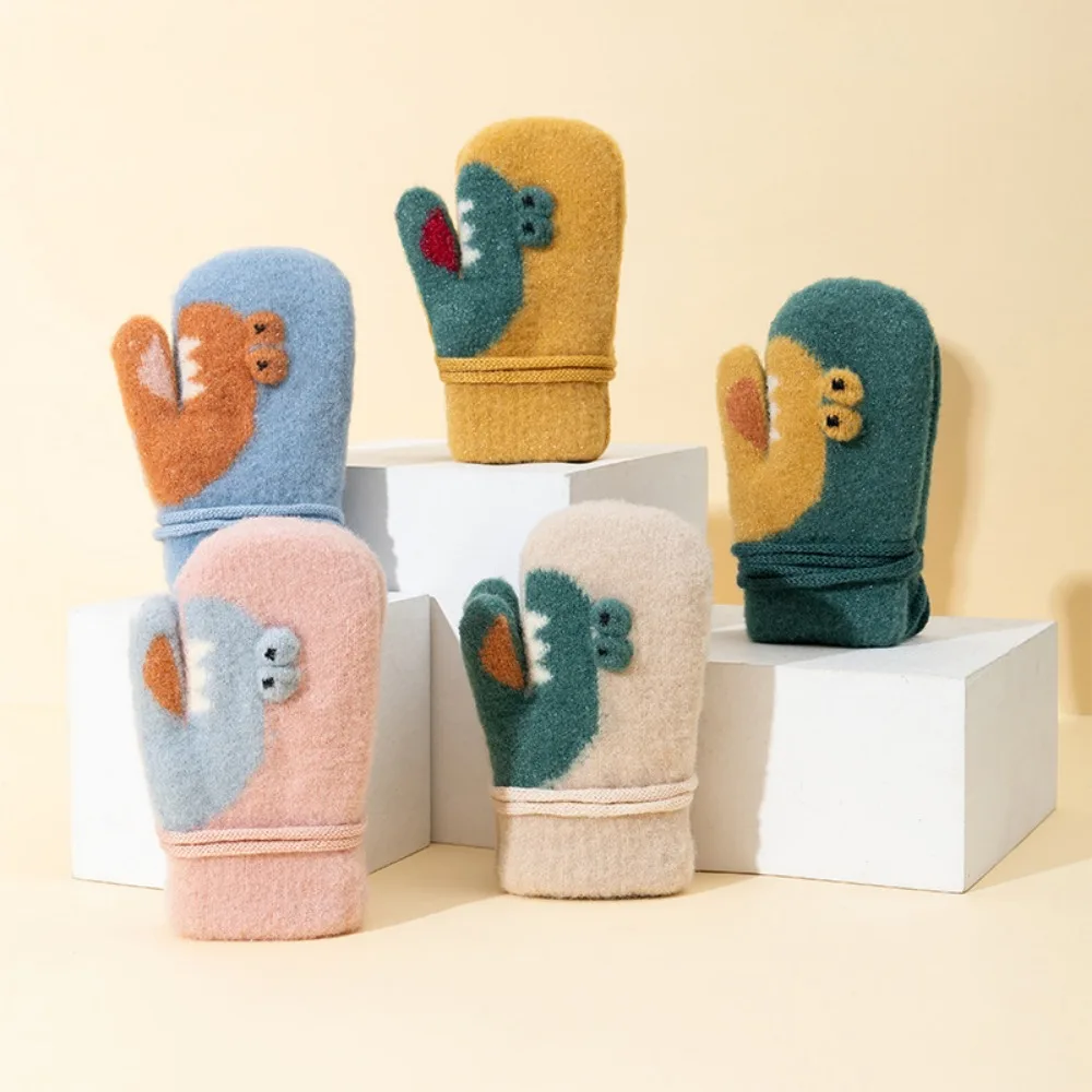 Children's Warm Gloves Knitted Jacquard Cartoon Lanyard Double Layer Fleece Mittens Cartoon Mittens Winter Warm 4-6 Years Old