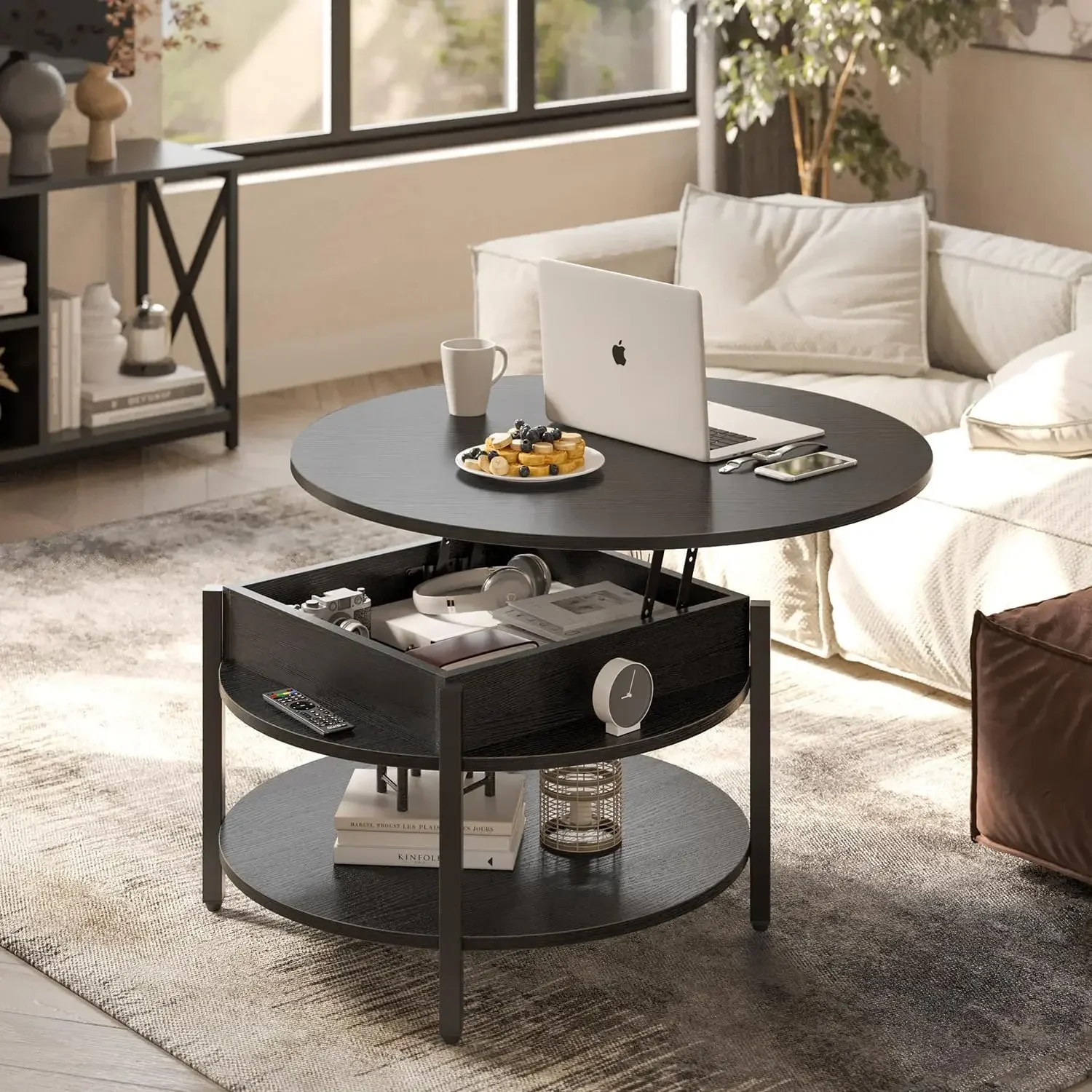 -New-Round Lift Top Coffee Table with Storage and Hidden Compartment, 26.77'' Farmhouse Coffee Table for Living Room Receptio